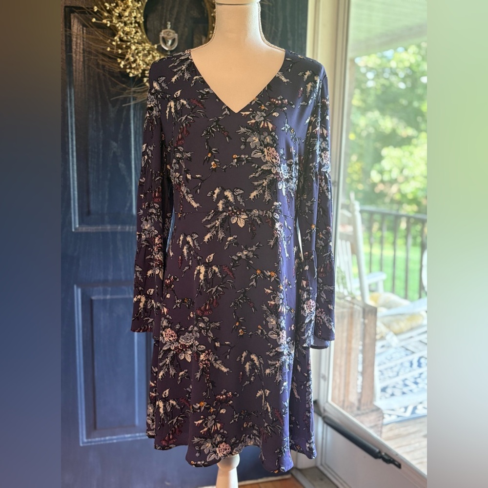LOFT Navy Floral Long Sleeve Dress